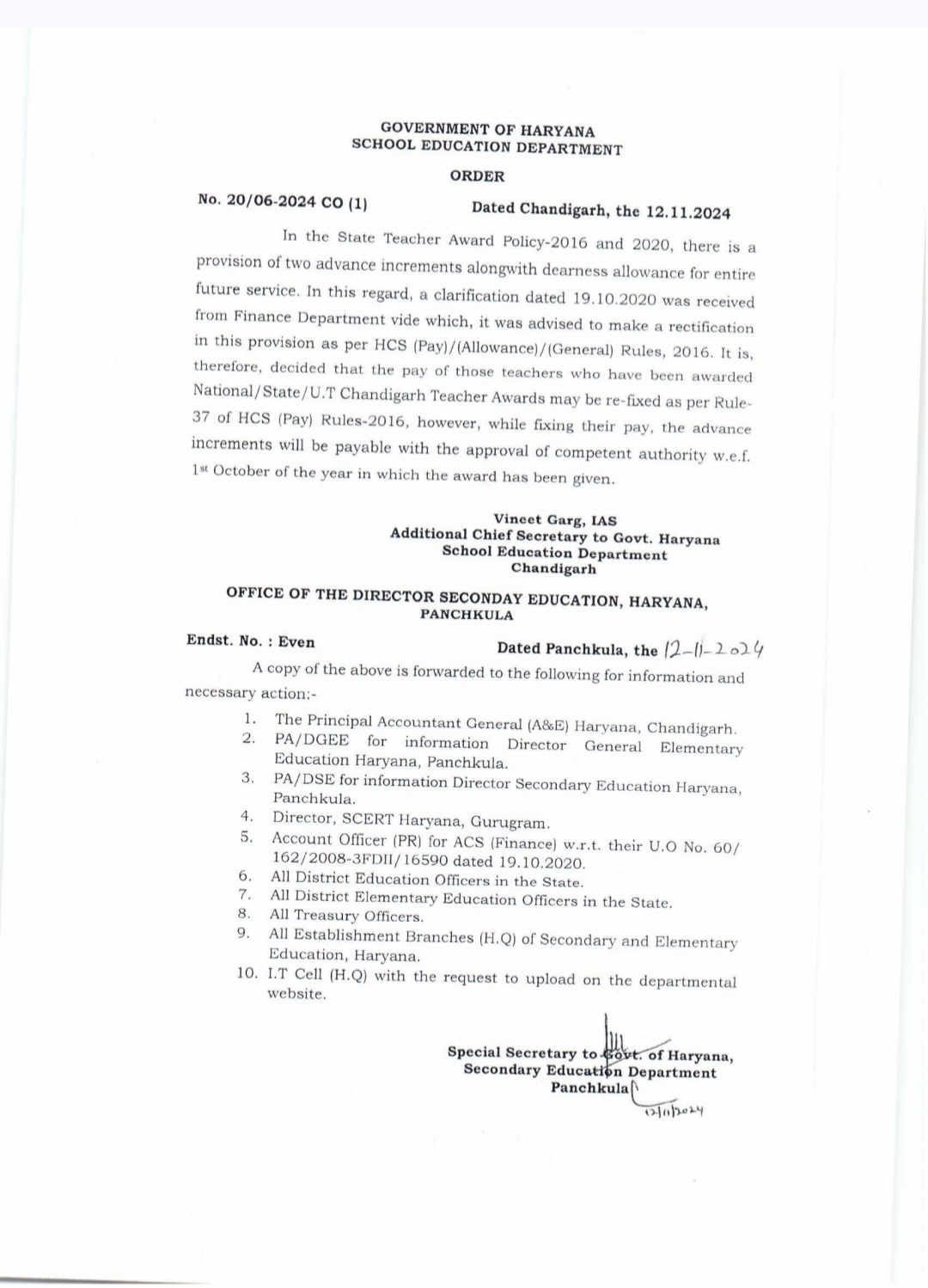 Advance Increments will be payable to Awardee Teachers of Haryana State